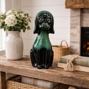 Vintage Blue Mountain Pottery Dog Statue Large Green Drip Glaze Ceramic Puppy